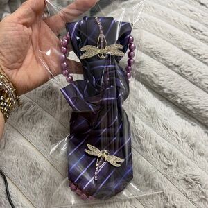 UPCYCLE Purple Striped Tie necklace with Dragonfly Brooch